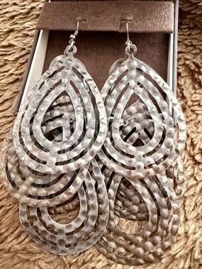 Hammered Teardrop Layered Earrings - Silver Tone